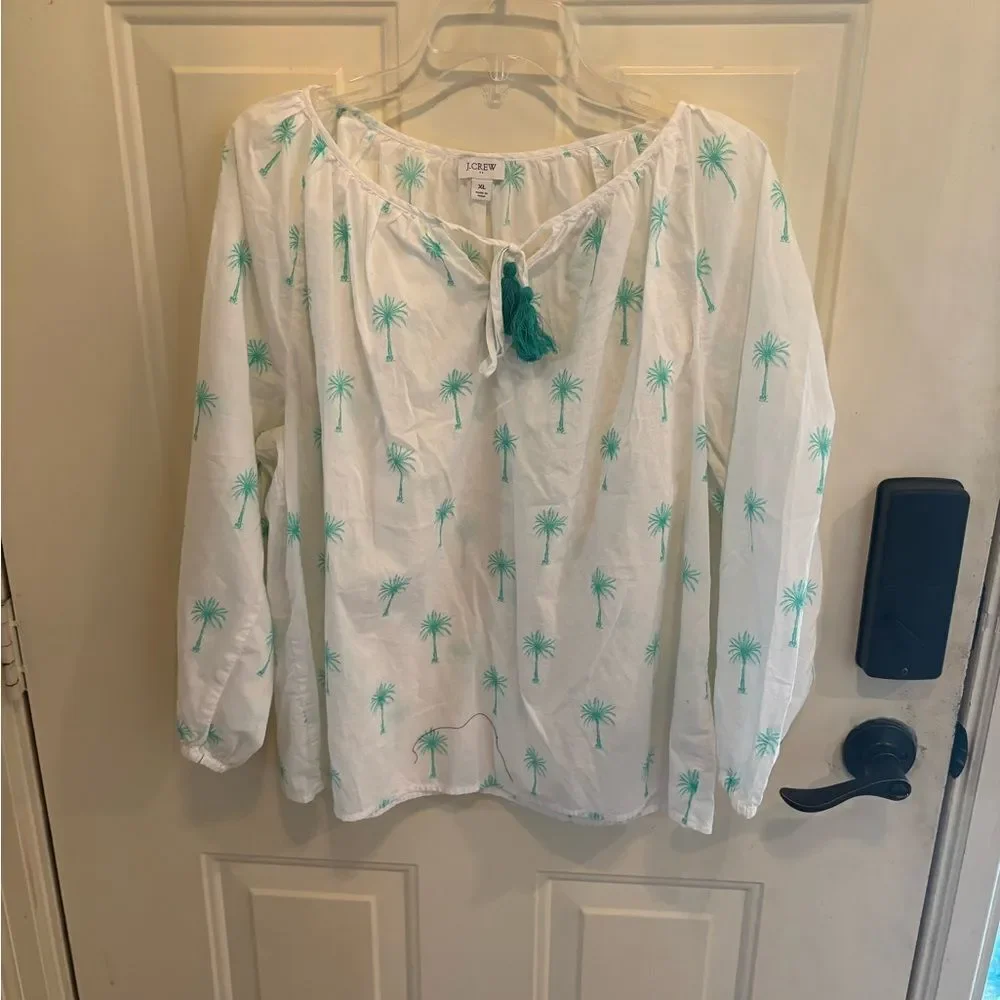 J. Crew White and Green Palm Tree Print Blouse